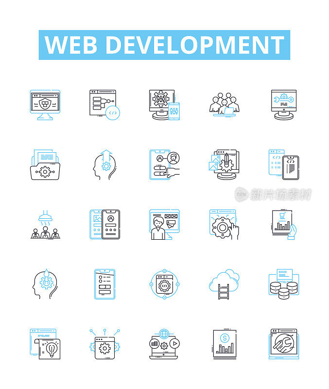 网站开发矢量线图标集。Web，开发，HTML, CSS, JavaScript, AJAX, PHP插图大纲概念符号和符号
